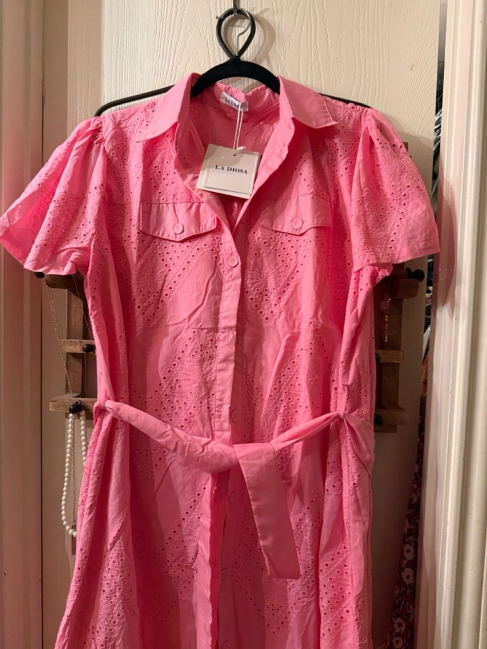 Pink Eyelet Midi Shirt Dress